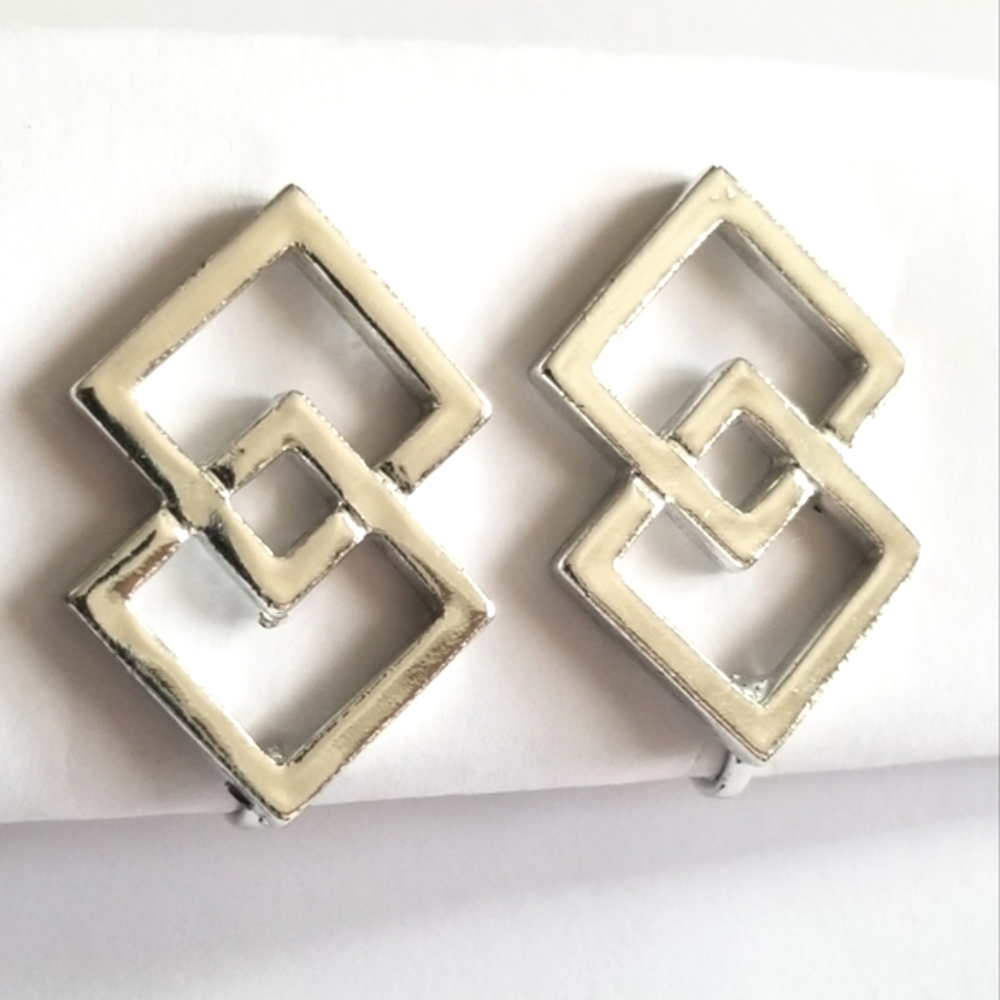Vintage earrings double diamonds screwback silver tone geometric